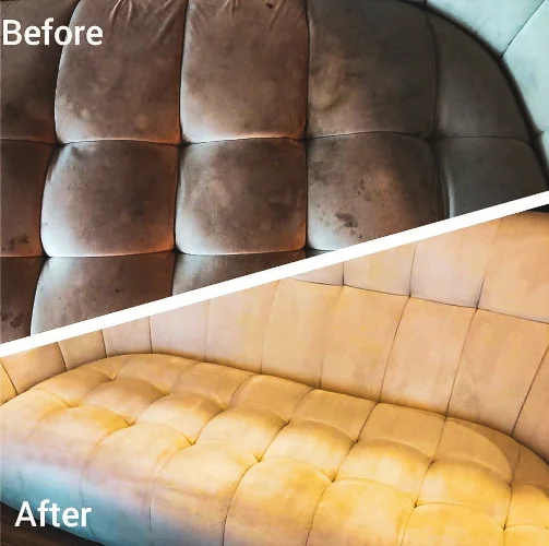 Before and after comparison of fabric sofa cleaning service provided by Carpet Solutions Dubai.