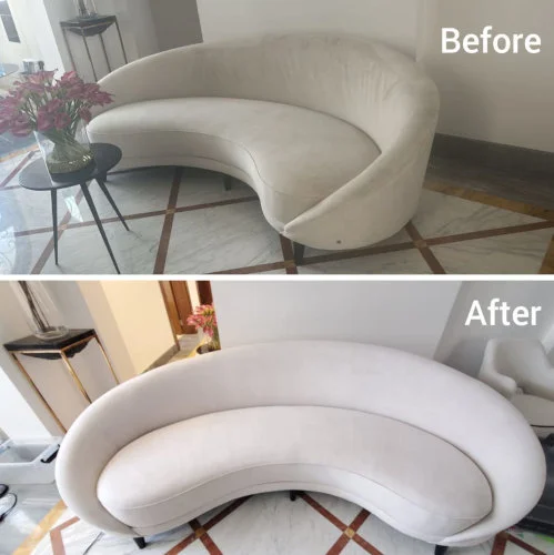 Before and after comparison of fabric sofa cleaning service provided by Carpet Solutions Dubai.